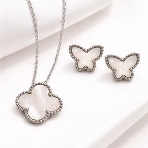 Mother-of-Pearl Clover Necklace and butterfly earrings